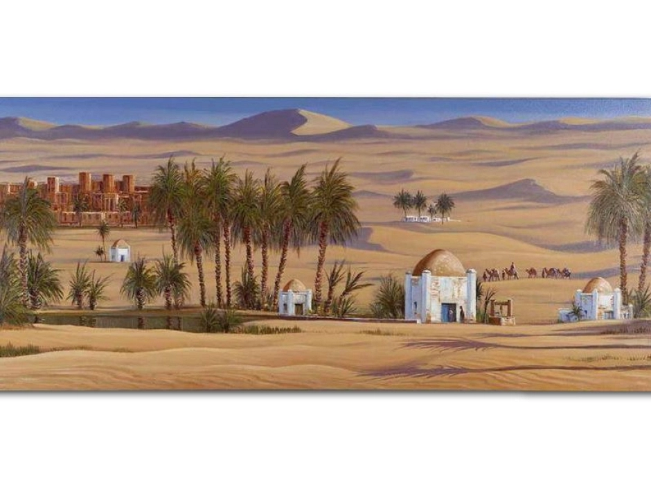 Fondo paisaje con oasis 110 x 48 cm. (Lote 2 UNI.) Fondo paisaje con oasis 110 x 48 cm. (Lote 2 UNI.)